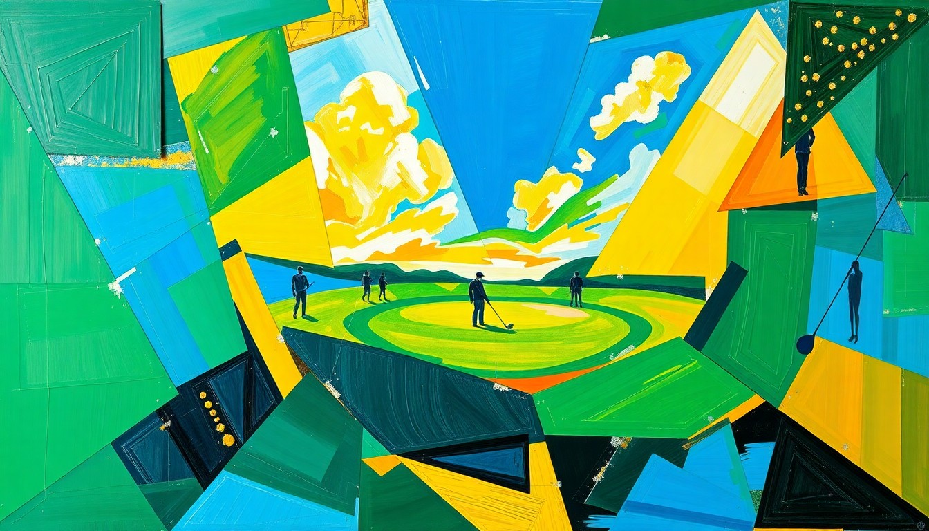 A cubist, geometric painting depicting various golf elements like clubs, balls, and players in an abstract, fragmented style, capturing the dynamic energy and competition of the Masters tournament.