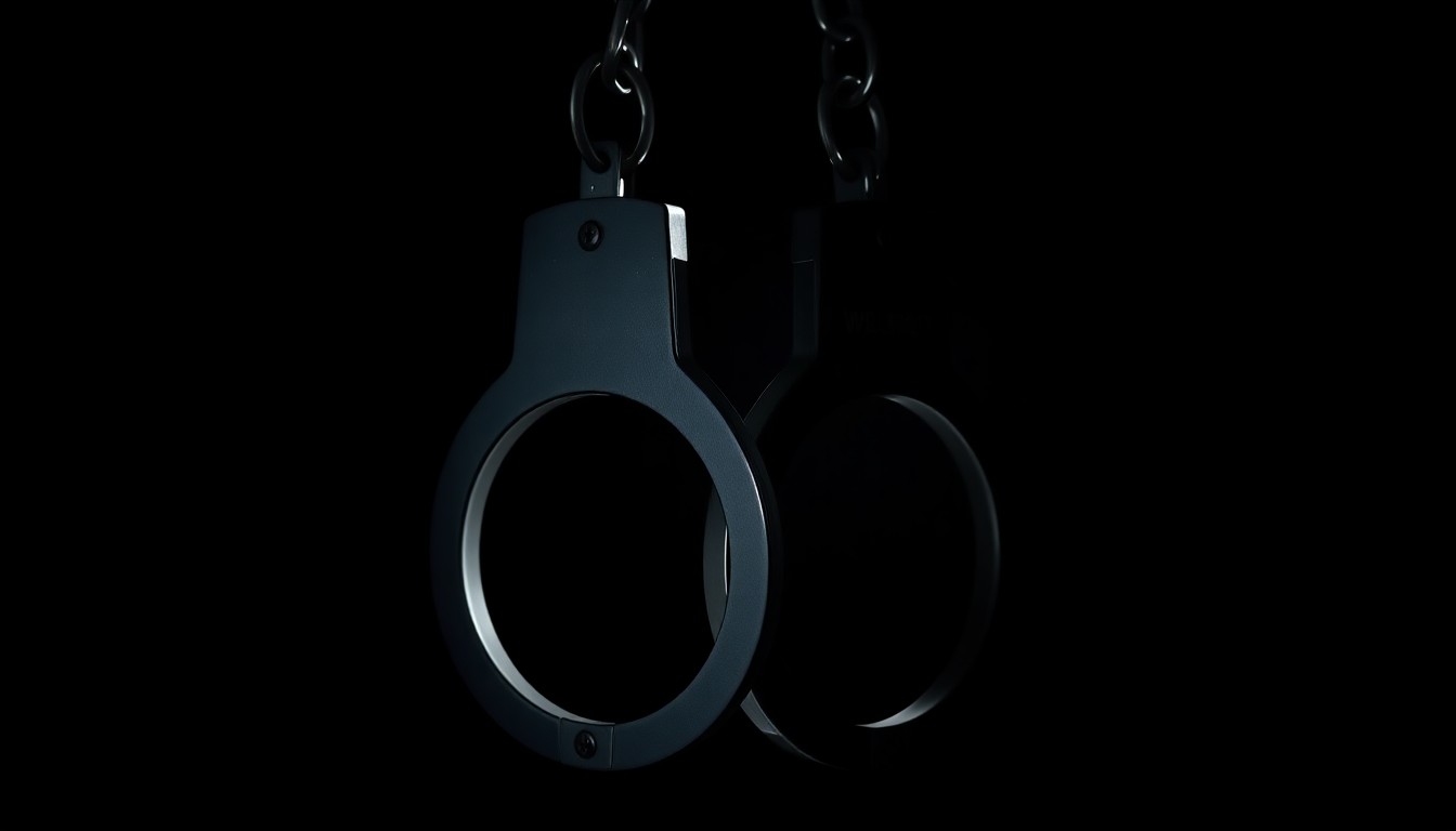 An extreme close-up of a pair of metal handcuffs against a stark black background, the harsh flash creating dramatic shadows and highlights that convey a sense of tension and investigation.