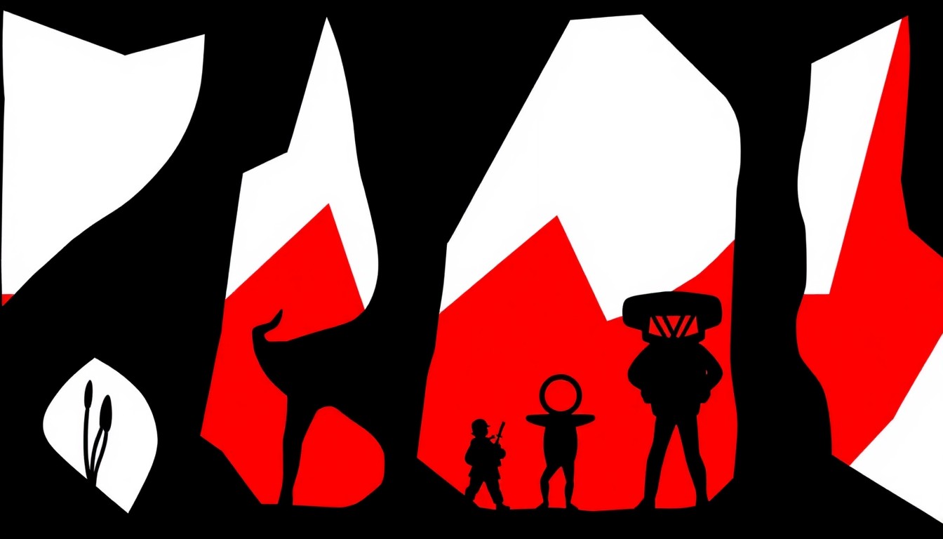 A bold, abstract composition of stark, jagged geometric shapes and heavy black silhouettes in vibrant red and white, conceptually representing the diverse artworks featured in the Mare Island Art Studios exhibits.