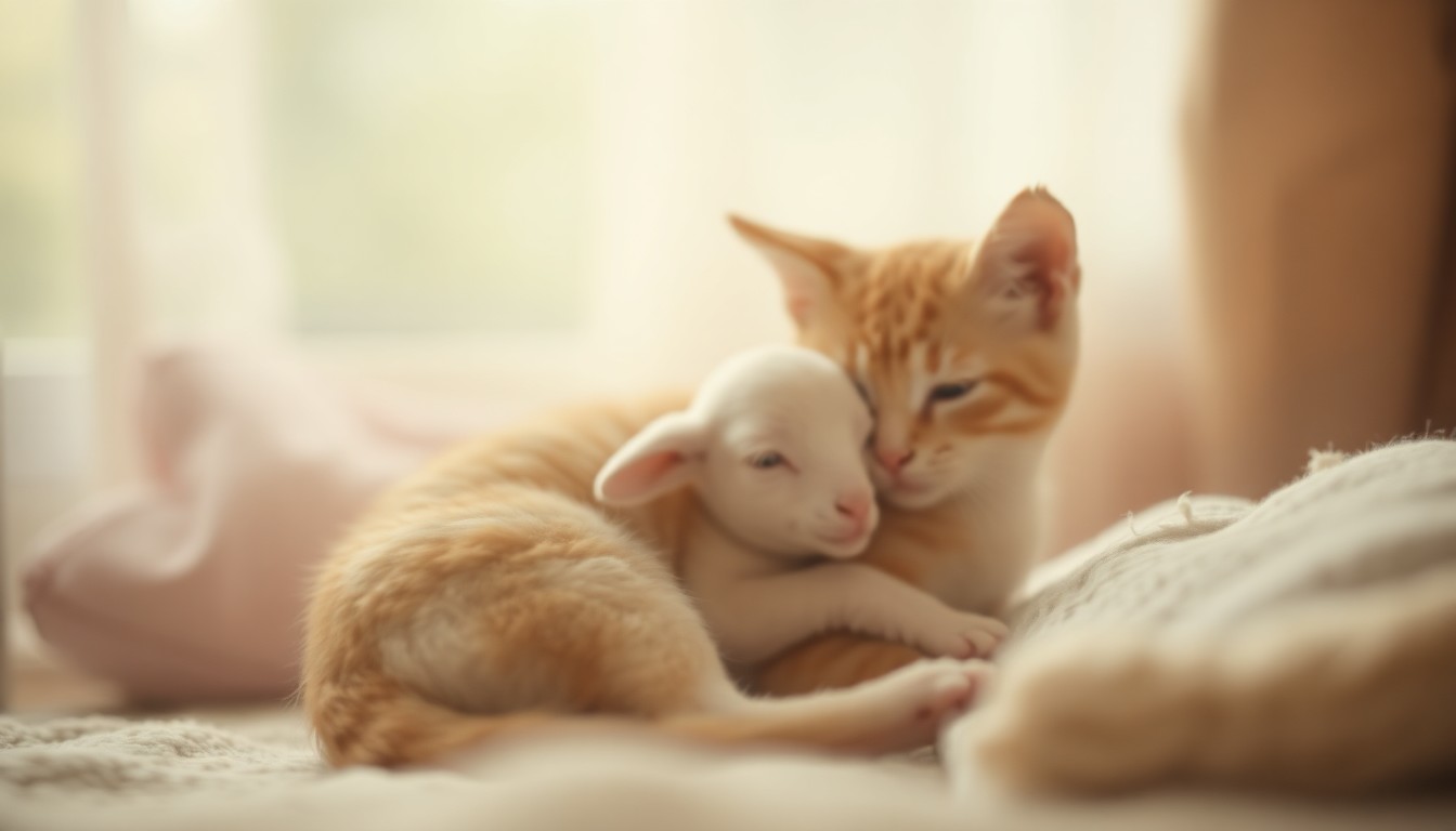 An extremely abstracted, out-of-focus photograph depicting the soft, blurred shapes and silhouettes of a cat and lamb cuddling together in a cozy, domestic setting, conveying a sense of tenderness and comfort.