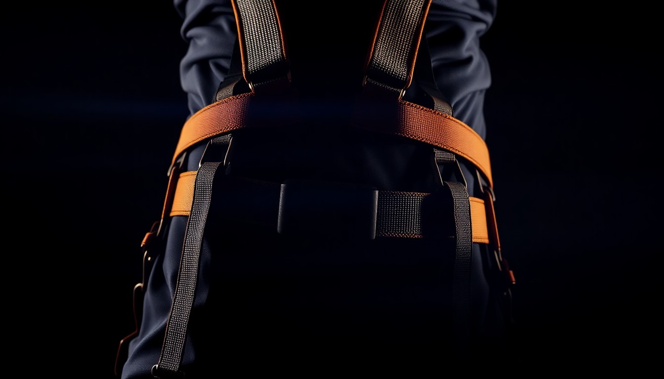 An extreme close-up photograph of a construction worker's safety harness and fall protection equipment, lit by a harsh, direct camera flash against a pitch-black background, conceptually illustrating the investigation into a fatal construction accident.