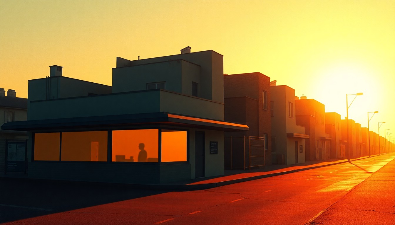 A serene, nostalgic painting of an empty city planning office or housing development site, with warm sunlight streaming through the windows and deep shadows across the desks and chairs, conveying a sense of contemplation and the weight of local housing policy decisions.