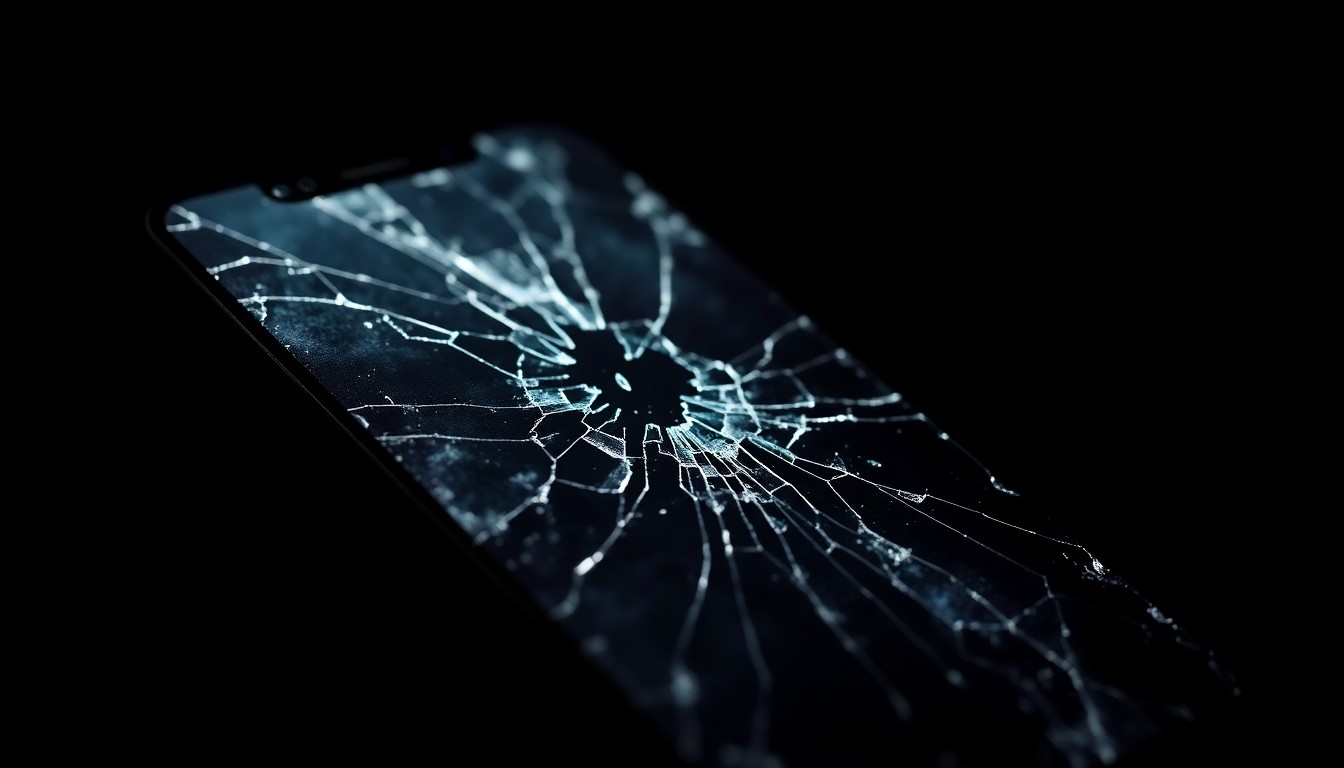 An extreme close-up photograph of a cracked and damaged smartphone screen, lit by a harsh, direct camera flash against a pitch-black background, conceptually representing the evidence seized in a criminal investigation.