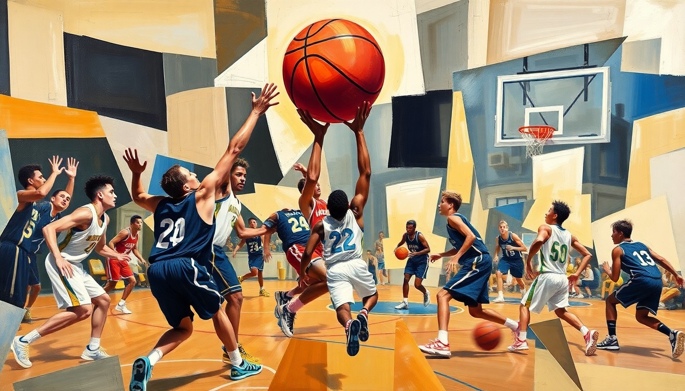 A cubist, geometric painting depicting the fragmented movements and trajectories of players and a basketball during a high school game, capturing the dynamic energy of sports in an abstract, deconstructed style.