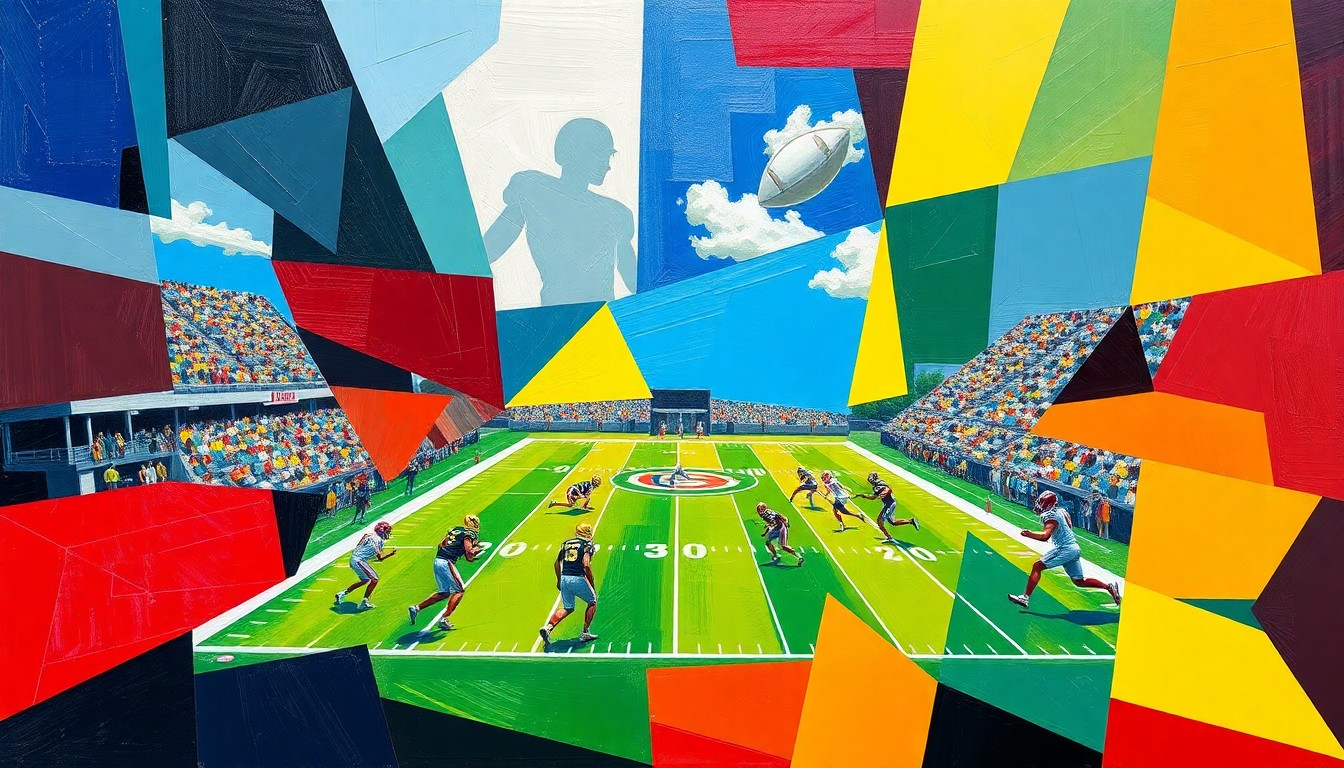 A cubist, geometric painting depicting a high school football game, with the players and field broken down into overlapping planes of the West Boca Raton High School team colors and the Gladiator brand's design elements.