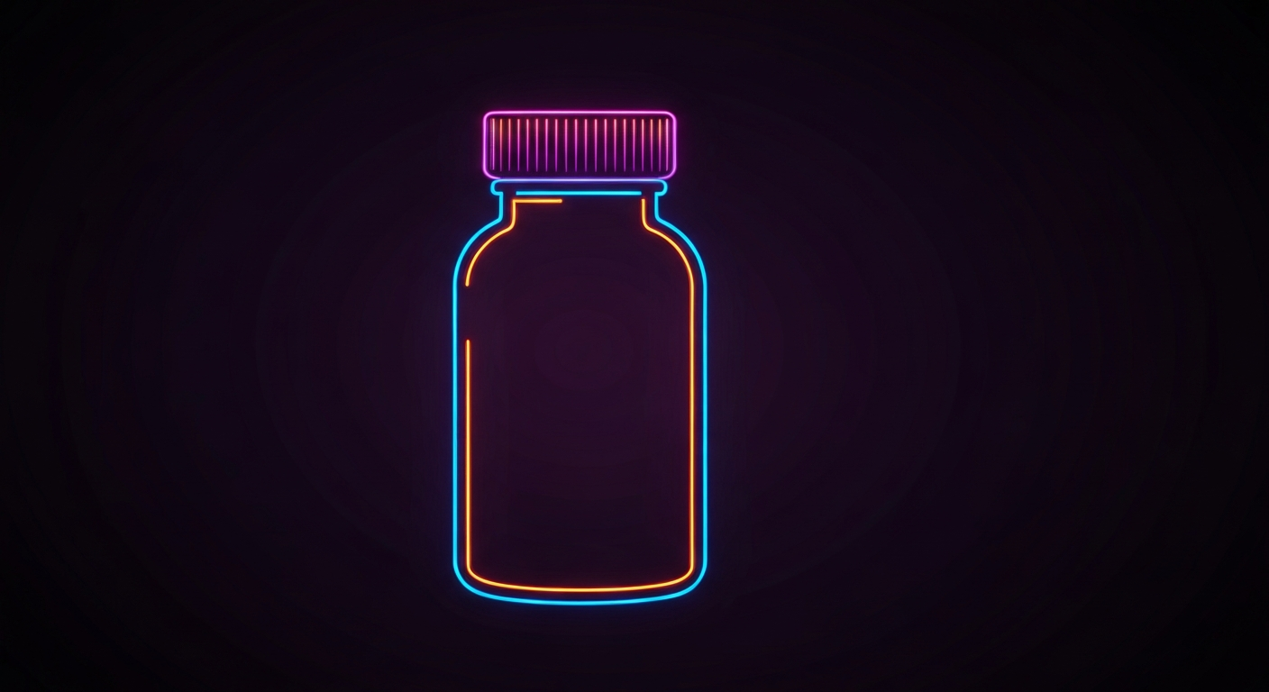 A glowing neon outline of a medicine bottle against a dark background, conceptually representing the safe disposal of unwanted drugs.