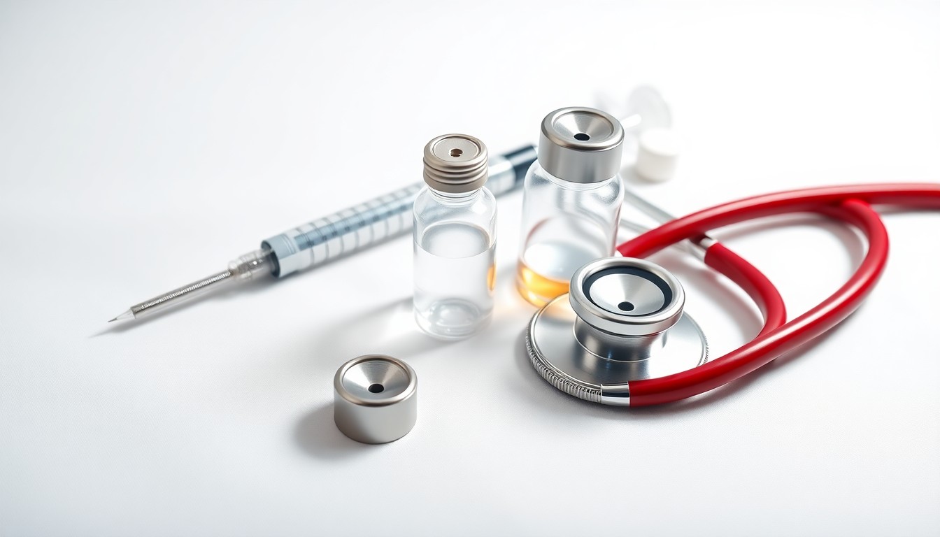 A high-end, photorealistic studio still-life photograph featuring a polished metal syringe, a glass vial, and a stethoscope arranged elegantly on a clean, white seamless background, conceptually representing the precision and innovation of Xilio's cancer therapies.