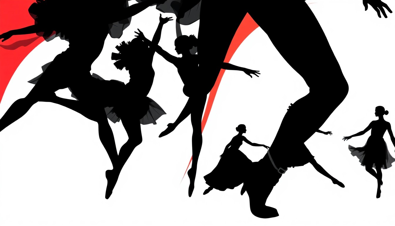A minimalist, abstract illustration featuring bold, jagged black silhouettes of dancers in motion against a high-contrast red and white background, capturing the dynamic energy and evolution of BalletNext's contemporary ballet performance.
