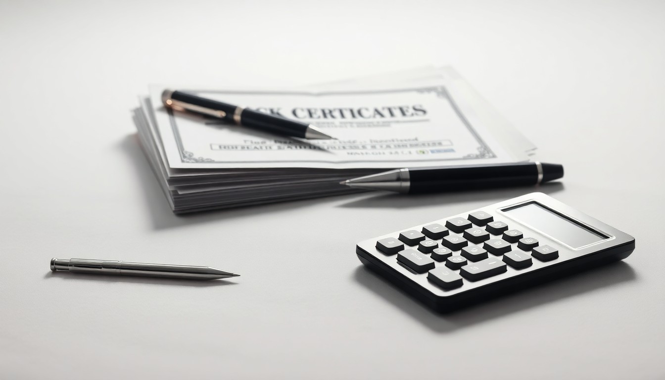 A photorealistic studio still life featuring a stack of stock certificates, a pen, and a calculator arranged elegantly on a clean white background, conceptually representing the financial tools and strategies used by biotech companies to incentivize and retain key employees.