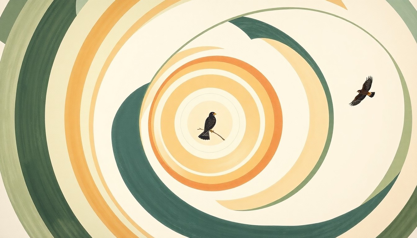 A bold, abstract painting in earthy tones of green, brown, and blue, featuring sweeping geometric arcs, concentric circular forms, and precise avian spirals, conceptually representing the complex nesting behaviors and life cycle of peregrine falcons.