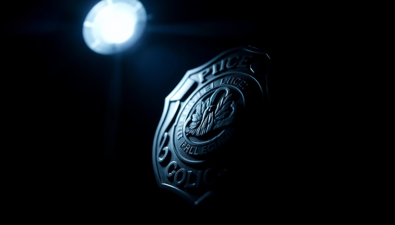An extreme close-up of a police badge reflecting a bright flash of light, conveying the stark and investigative nature of this criminal case.