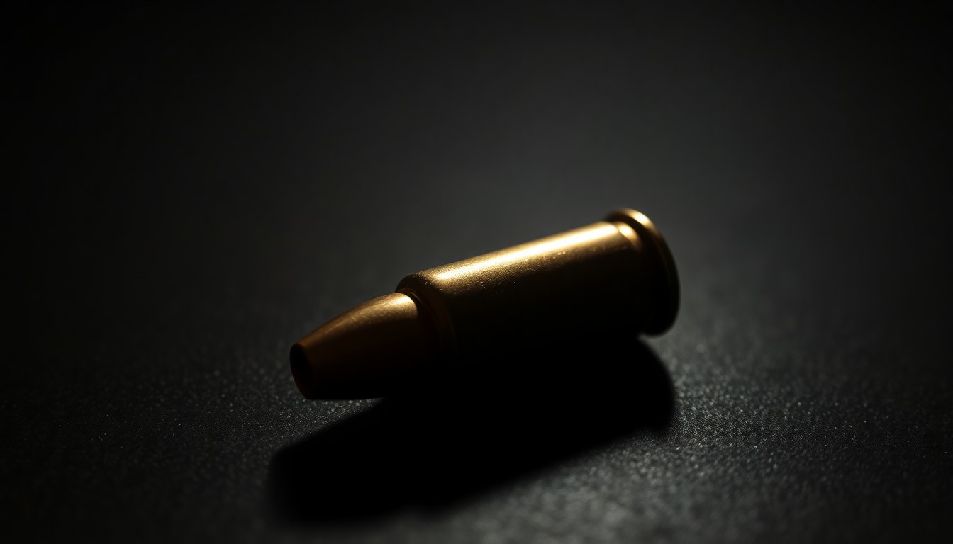 An extreme close-up photograph of a single spent bullet casing on a dark surface, lit by a harsh, direct camera flash, conceptually representing the physical evidence from a violent crime scene.