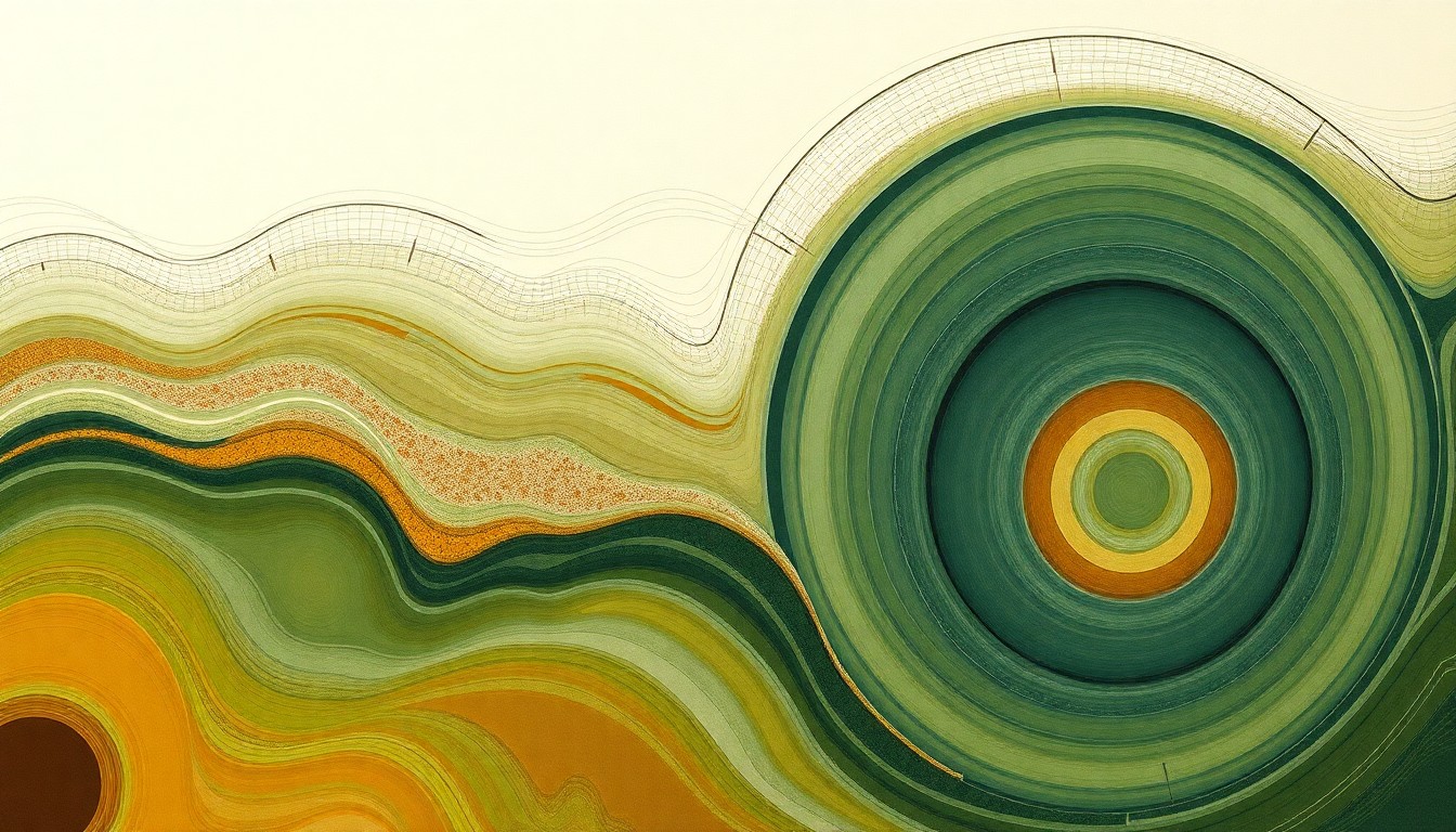 A bold, abstract painting in muted greens, blues, and browns depicts the complex flows and cycles of sediment, water, and natural forces within a tidal marsh ecosystem, conveying the structural order and interconnectedness of this vital wetland habitat.