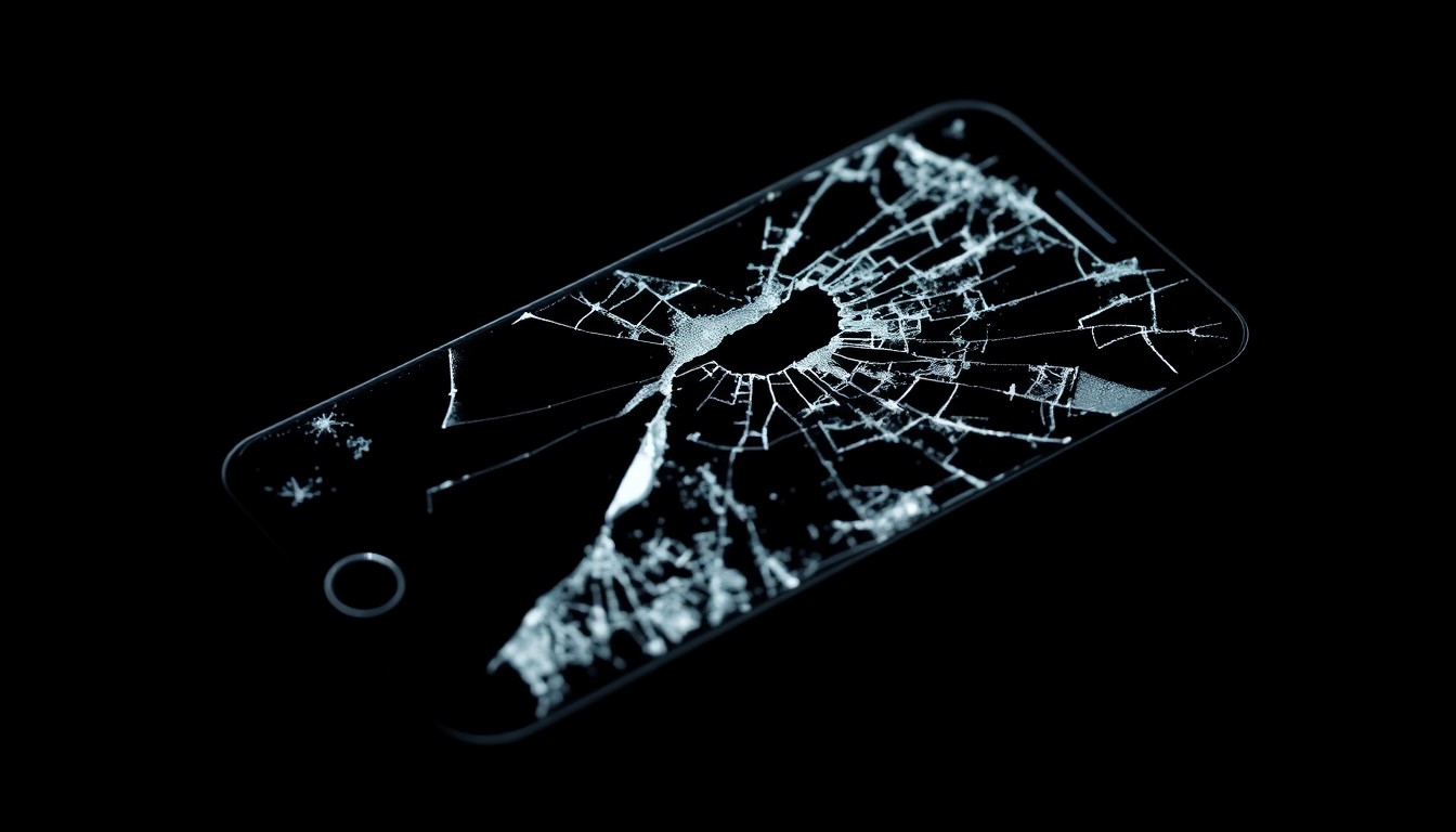 An extreme close-up photograph of a cracked and damaged smartphone screen, lit by a harsh, direct camera flash against a pitch-black background, conceptually representing the violation of trust and damage caused by a predator infiltrating the education system.
