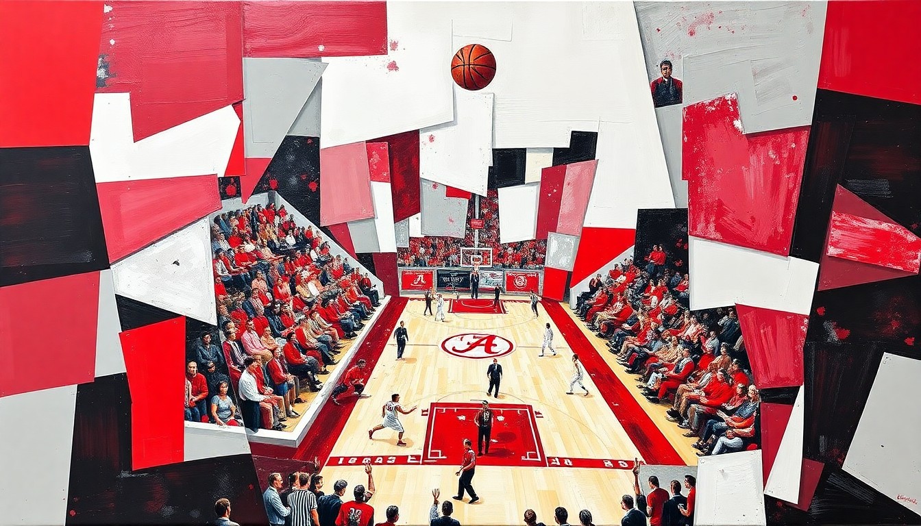 A fractured, multi-perspective painting in bold crimson, white, and gray tones, breaking down a basketball game into sharp, overlapping geometric planes to conceptually represent the strategic dynamics of the sport.