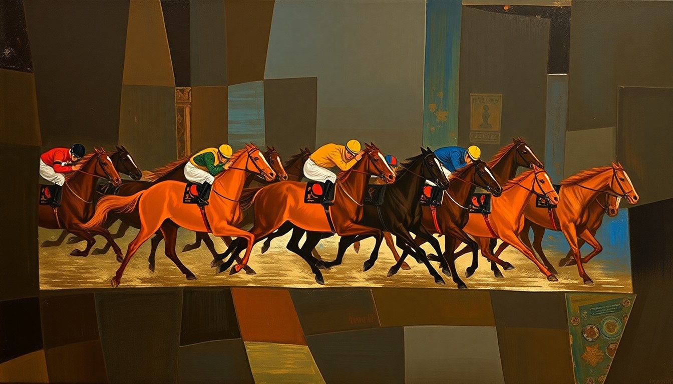 A cubist, fragmented painting in earthy tones showing the overlapping, angular shapes of a horse race, conveying the energy and drama of the sport.