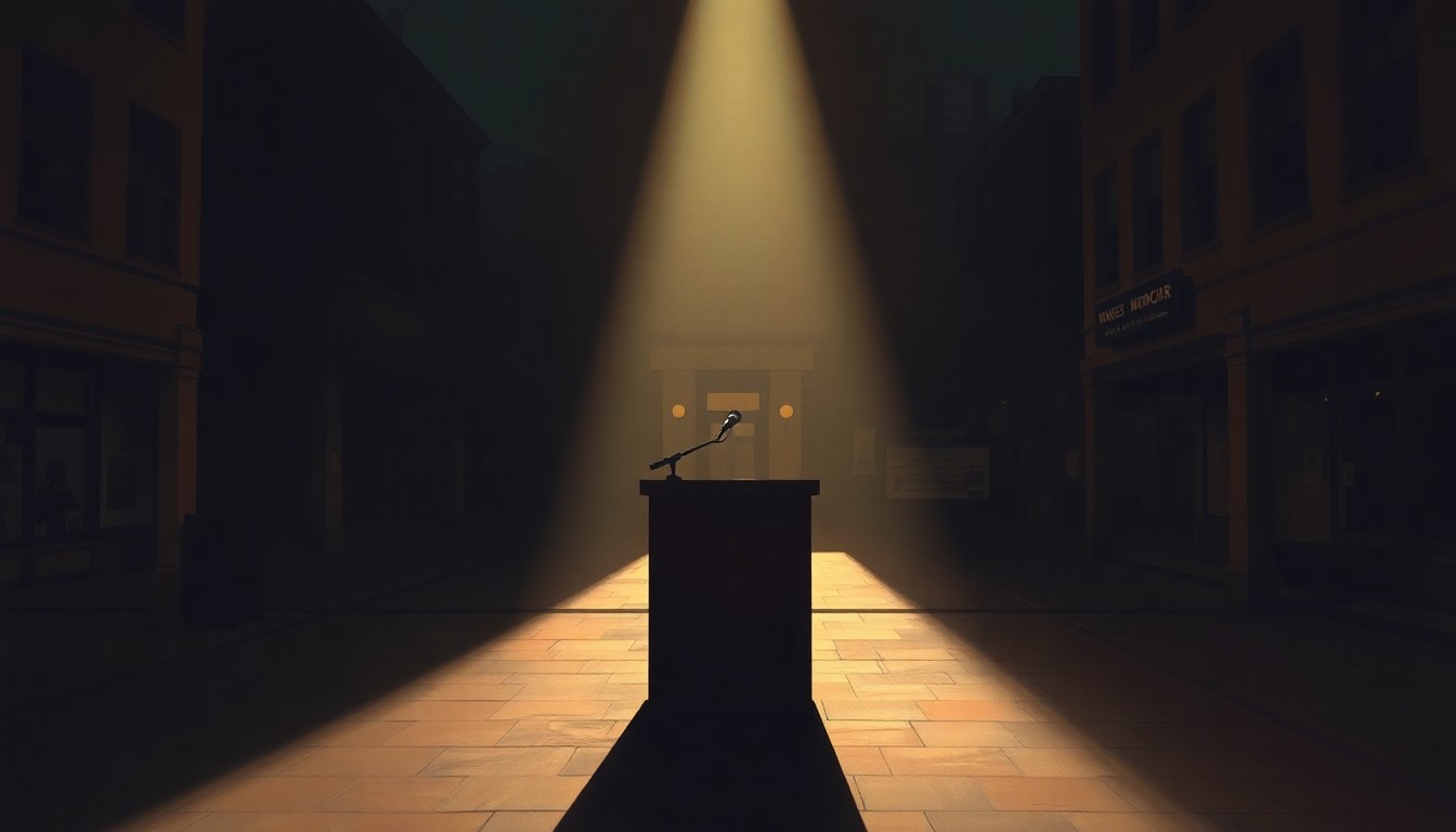 A quiet, cinematic painting of a solitary podium or lectern in a dimly lit town square, with warm sunlight casting deep shadows across the scene, capturing the somber mood of the high-stakes Wisconsin Supreme Court election.