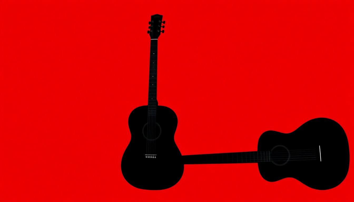 A bold, graphic illustration featuring two abstract black guitar silhouettes against a vibrant red background, conveying the energy and artistry of a classical guitar concert.