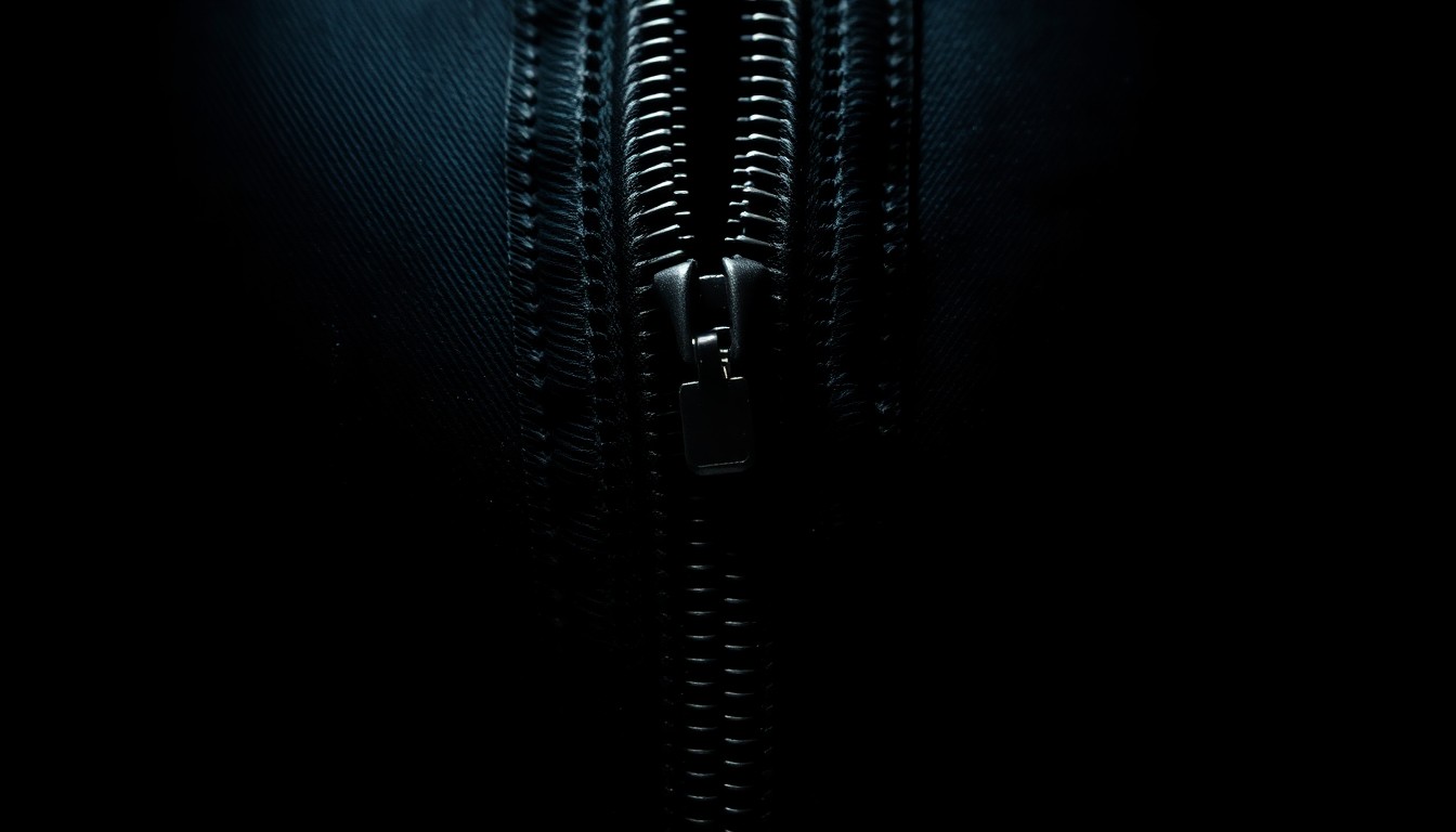 An extreme close-up photograph of a single suitcase zipper against a pitch-black background, lit by a harsh, direct camera flash, conveying a sense of gritty investigation into a gruesome crime scene.