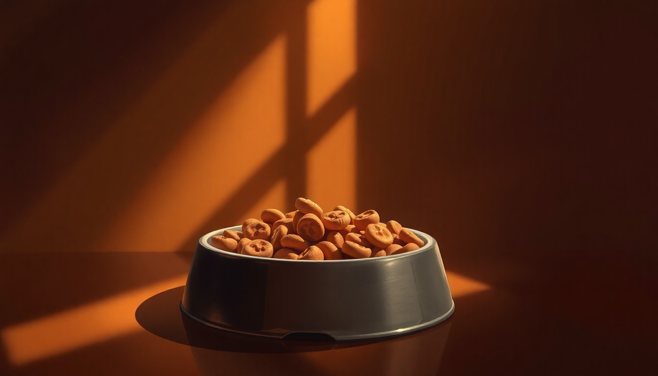 A photorealistic painting of a simple dog bowl filled with pet food, with warm, golden light and deep shadows creating a nostalgic, cinematic mood.