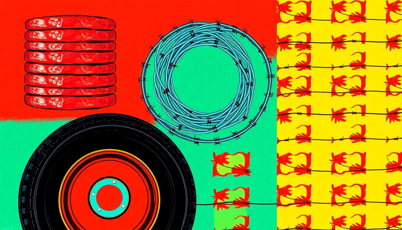 A bold, pop art-inspired illustration featuring repeated images of beef patties, barbed wire, and a pickup truck tire in a neon color palette, conceptually representing the agricultural and automotive themes found in the community classifieds.
