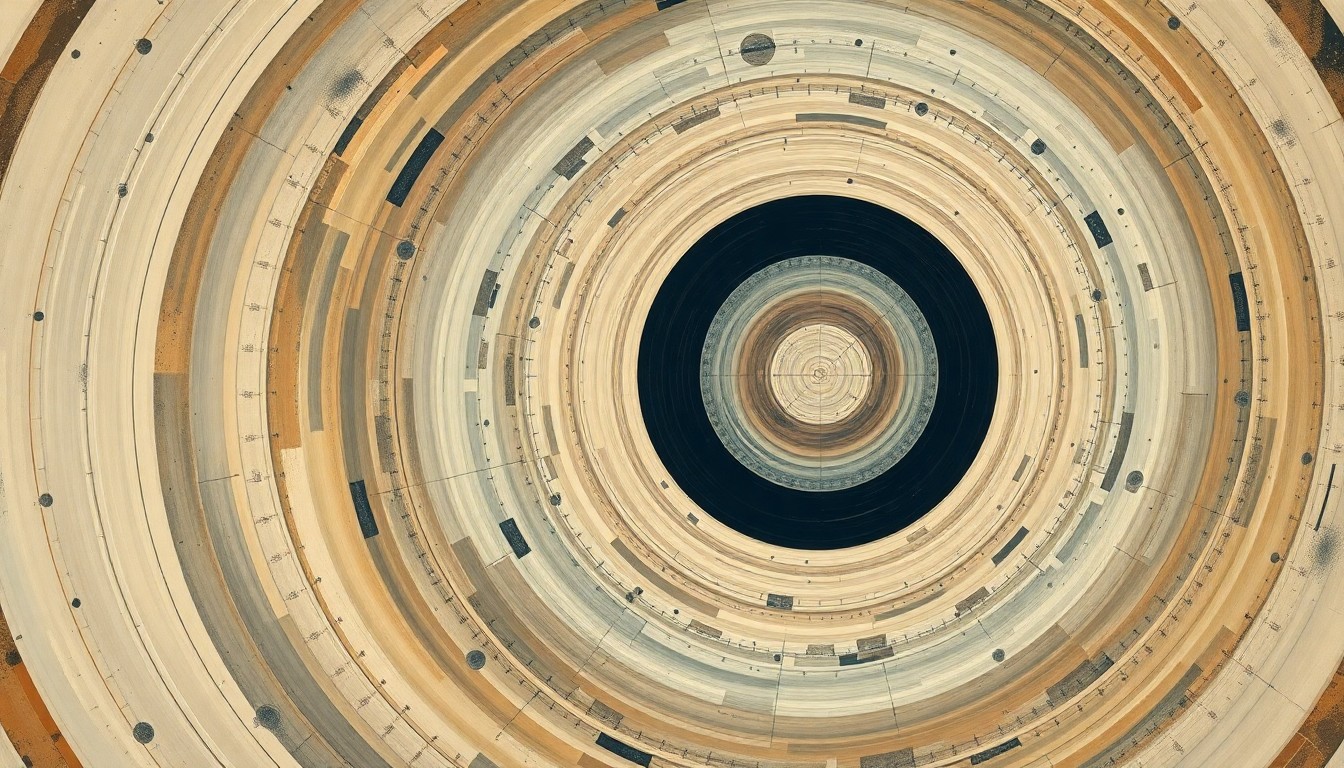 A bold, abstract painting featuring sweeping geometric arcs, concentric circles, and precise spirals in earthy tones, conceptually representing the complex forces and concepts of space exploration.