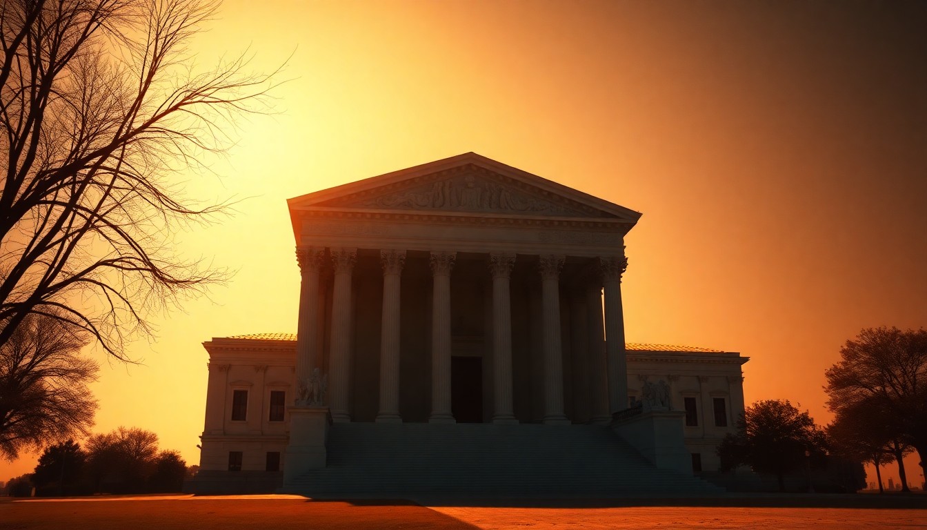 A photorealistic painting of the Supreme Court building in Washington D.C., with the structure bathed in warm, golden sunlight and deep shadows, creating a sense of contemplative stillness.
