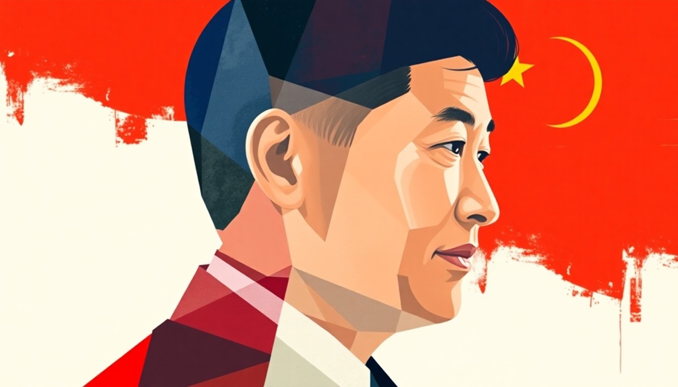 A conceptual illustration featuring overlapping, fractured geometric shapes in red, white, and blue, with a faint outline of a Chinese flag in the background, representing the political tensions surrounding Congressman Swalwell's past associations.