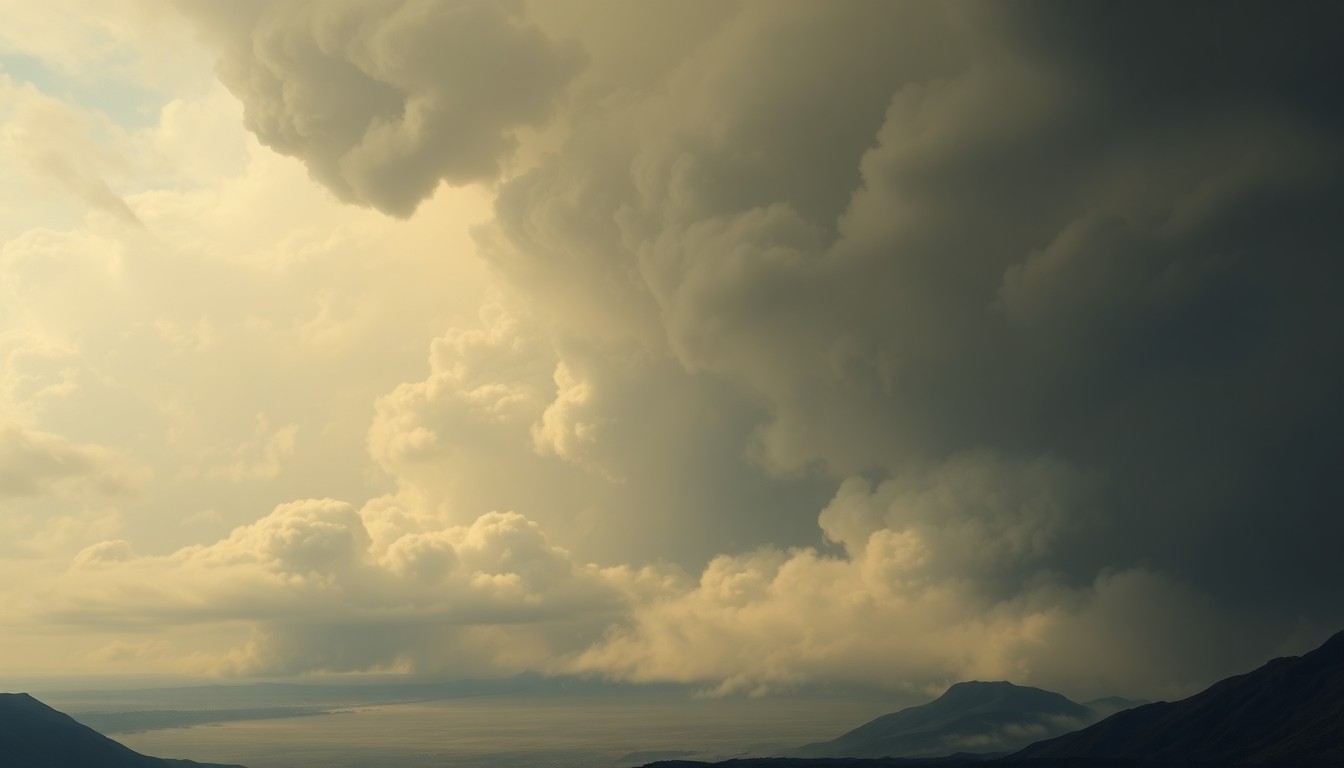 A vast, atmospheric landscape painting in muted tones of gray, black, and deep blue, depicting a massive wall of thick, billowing smoke and ash obscuring the horizon, with only the faint outline of a distant mountain range visible through the haze. The scene conveys the overwhelming, sublime scale of the natural disaster, dwarfing any physical structures or human presence.