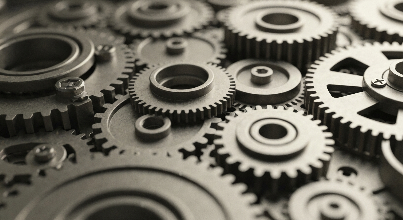 An extreme close-up of industrial banking gears and cogs in muted metallic tones, conceptually representing the complex financial infrastructure and institutional power of a major corporation.