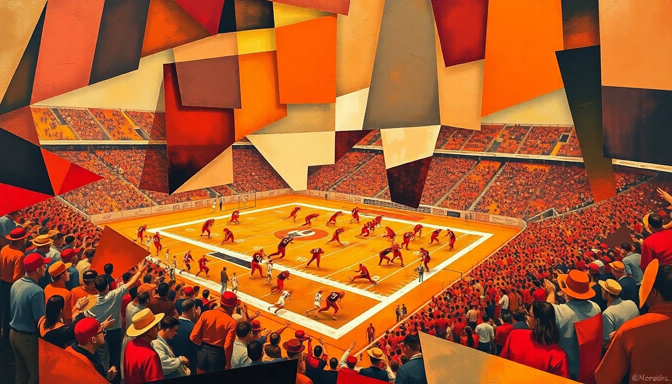 A fragmented, geometric painting depicting a Texas high school football game, with the players, field, and crowd broken down into sharp, overlapping cubist shapes in a vibrant color palette, conceptually representing the deep cultural importance of these Friday night traditions.