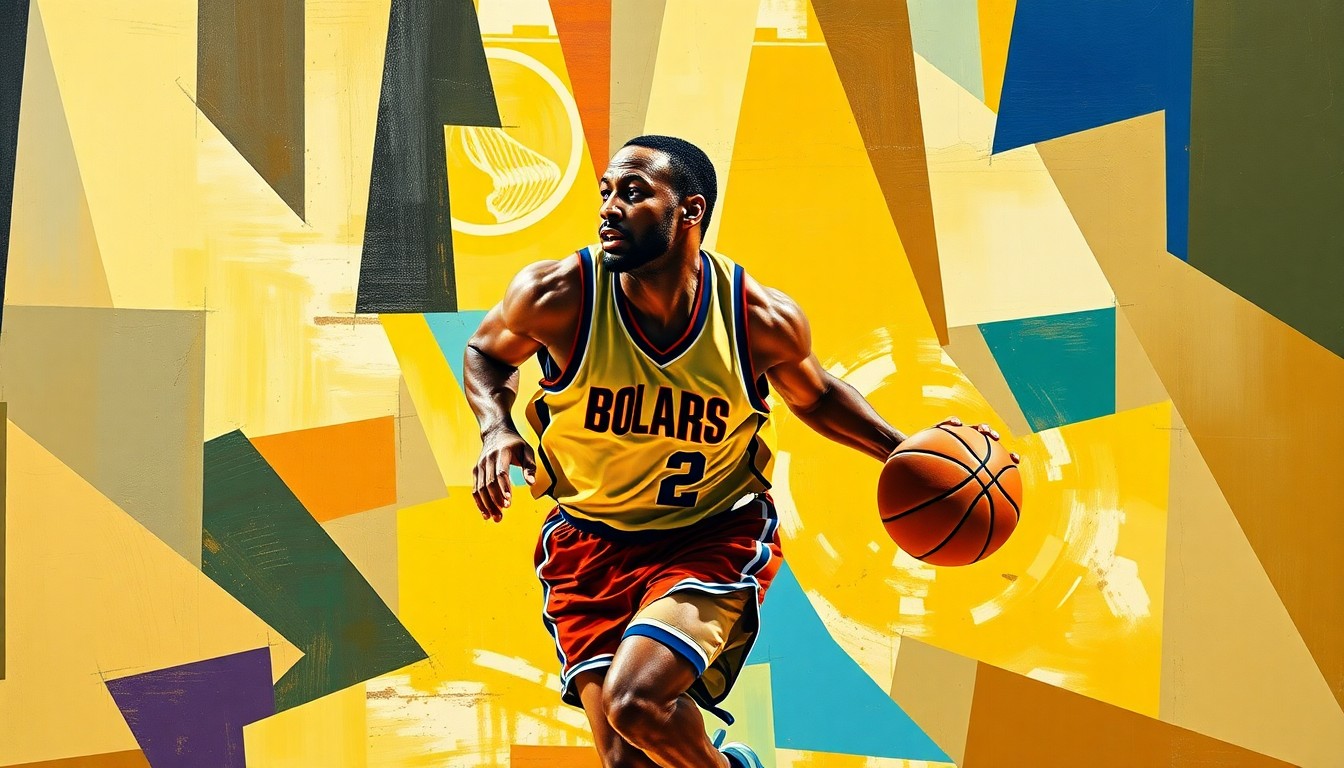 A fragmented, geometric painting depicting the dynamic motion of a basketball player, with sharp planes of color and form obscuring the player's identity to focus on the raw energy of the sport.