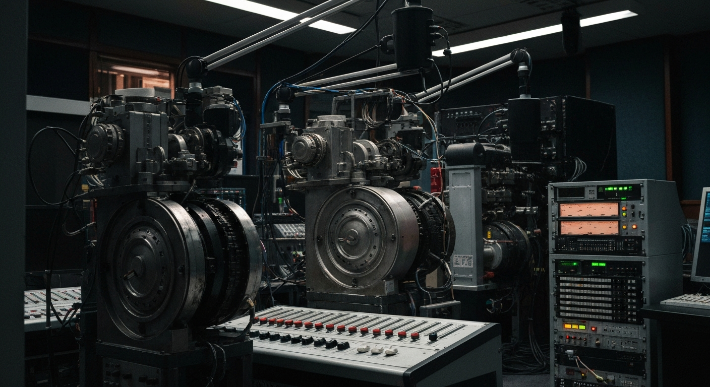 An extreme close-up of the dials, switches, and other industrial-grade equipment found in a radio broadcasting control room, conveying the technical complexity and physical infrastructure that powers Beasley's multi-platform media operations.