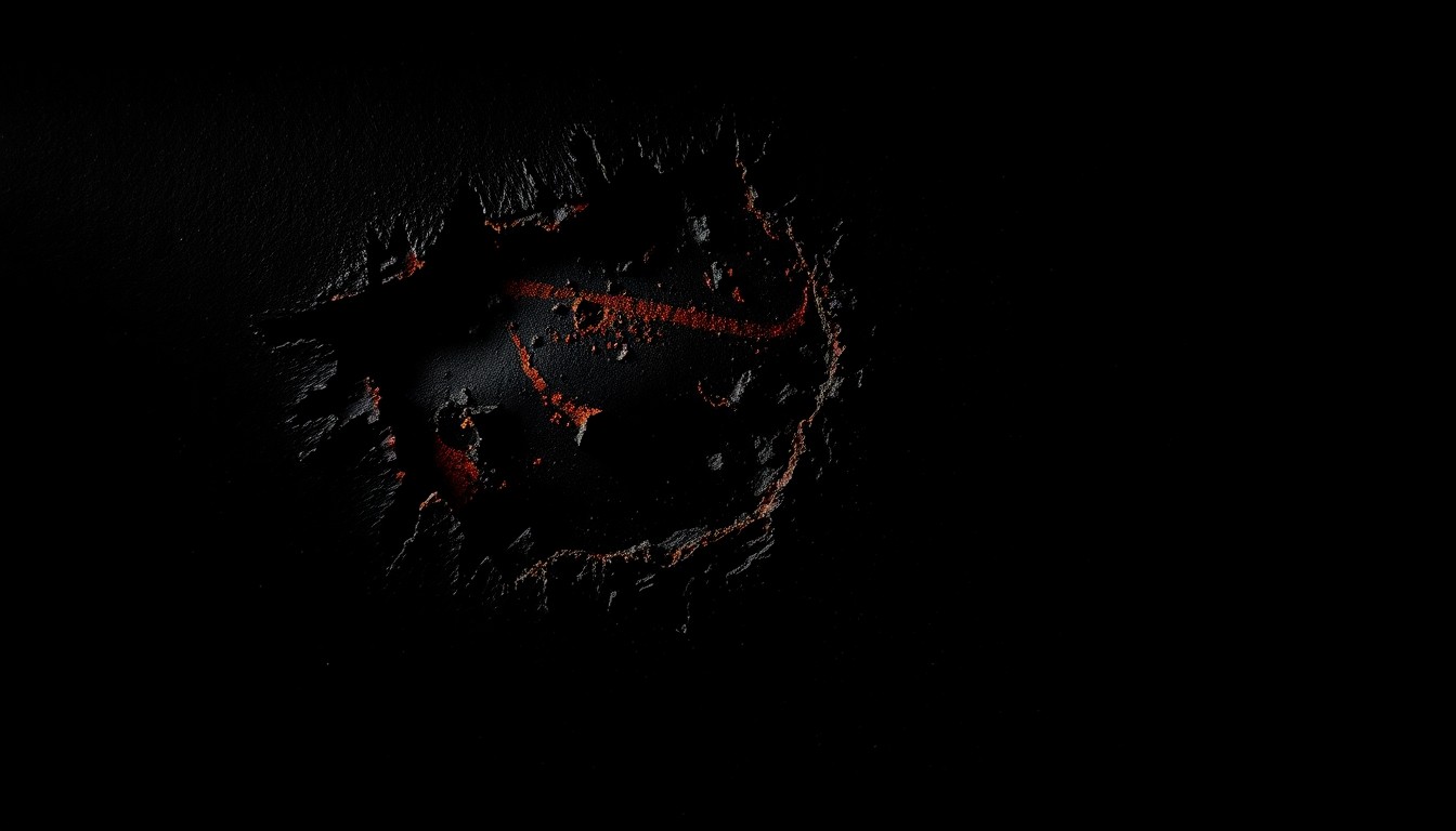 An extreme close-up photograph of a charred and damaged section of a restaurant wall, conveying the gritty aftermath of a fire through dramatic lighting and texture.