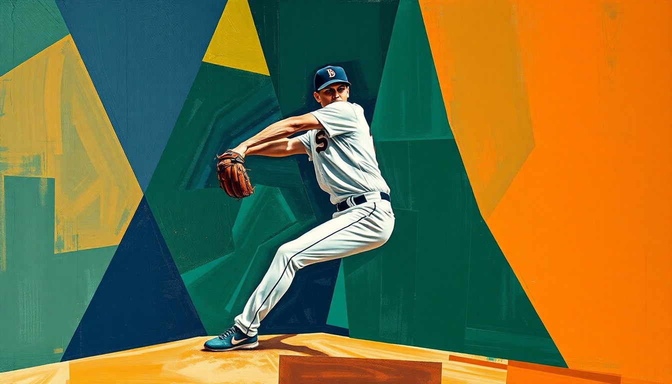 A fractured, geometric painting depicting a baseball pitcher's delivery broken down into sharp, overlapping planes of navy, green, and orange, conveying the raw energy and motion of the sport.