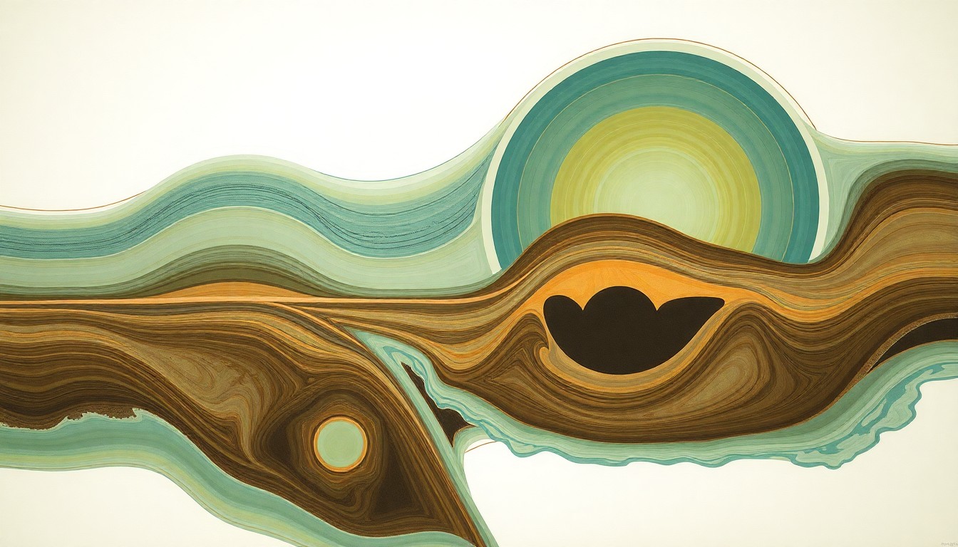 An abstract painting in muted earth tones featuring sweeping geometric shapes, concentric circles, and precise botanical spirals, representing the interconnected natural and industrial elements involved in the Hyperion Midstream pipeline project.