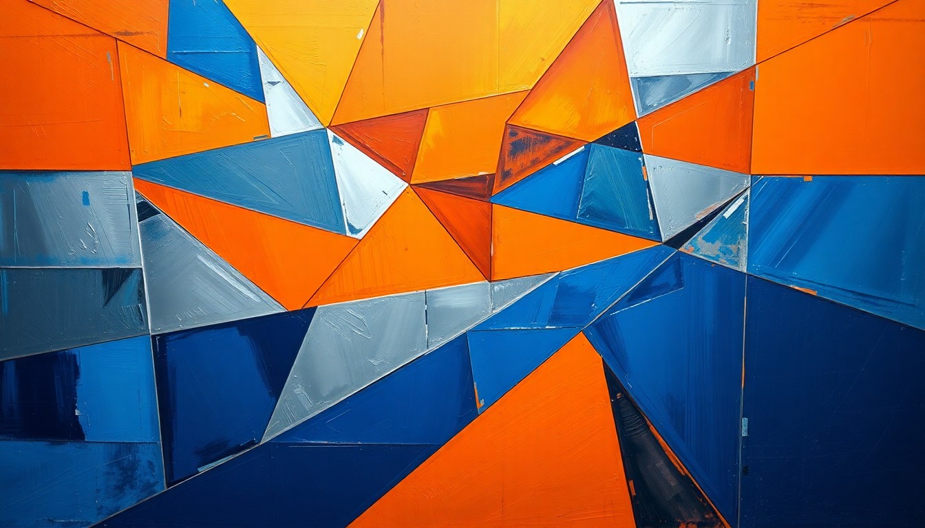 A cubist, geometric painting depicting a basketball game or match, with sharp, overlapping planes of color in deep blue, bright orange, and metallic silver, conveying the conceptual tension and fragmentation of the trademark dispute.