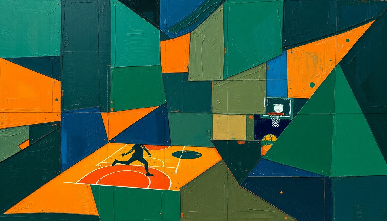 A fragmented, geometric painting depicting the dynamic action of a basketball game, with sharp planes of navy, green, and orange hues conveying the high-stakes tension of the 76ers' playoff chase.