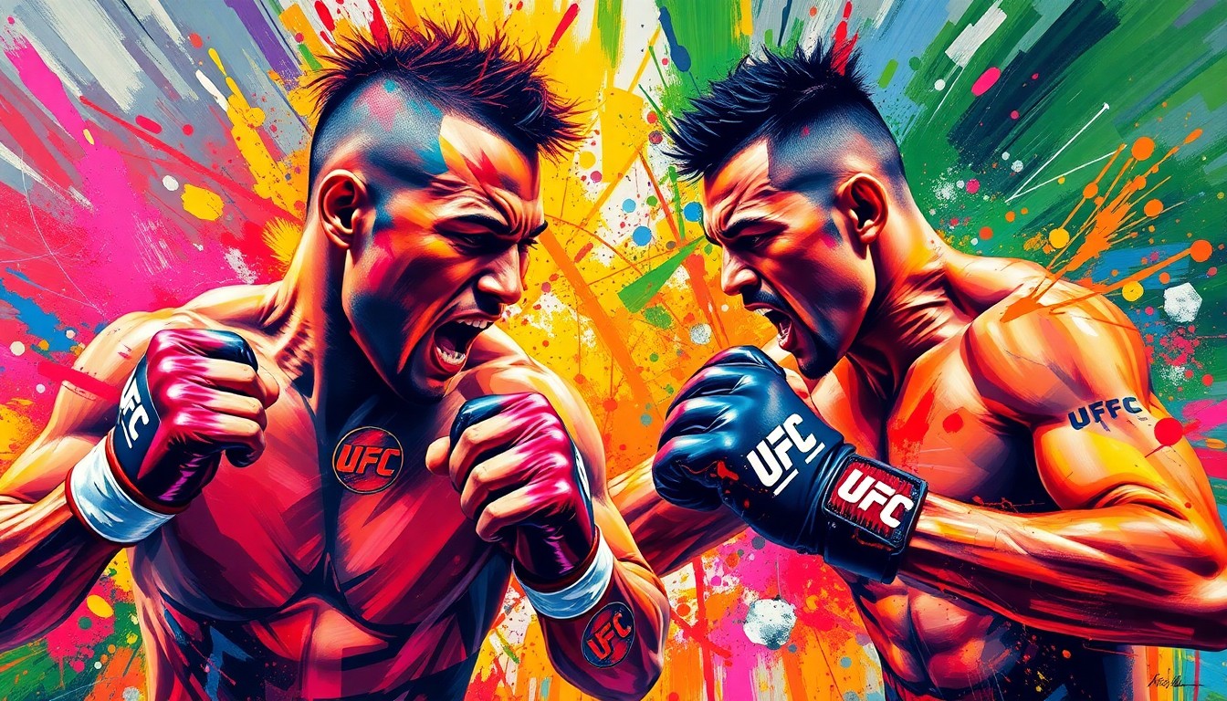 A dynamic, colorful painting featuring abstract, energetic brushstrokes and shapes representing the intense physicality of a UFC fight, with no recognizable faces or logos.