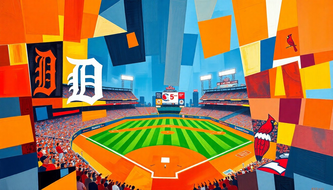 A cubist, geometric painting depicting a baseball game between the Detroit Tigers and St. Louis Cardinals, with sharp, overlapping planes of vibrant orange, red, and blue colors creating a dynamic, kinetic composition.