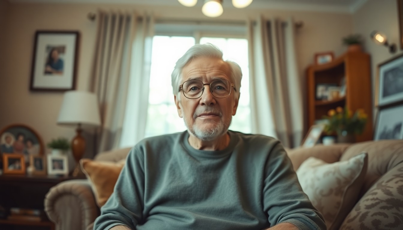 An extremely abstracted, out-of-focus photograph in soft pools of warm color and light, depicting the cozy living room of a senior citizen's home filled with framed family photos and personal mementos, conceptually representing a lifetime of memories and community service.