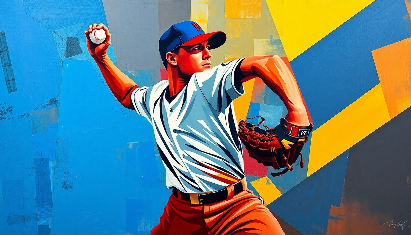 A fragmented, geometric painting depicting a baseball pitcher's windup and delivery from multiple perspectives, using bold colors and sharp, overlapping shapes to capture the dynamic motion and unique style of the player.
