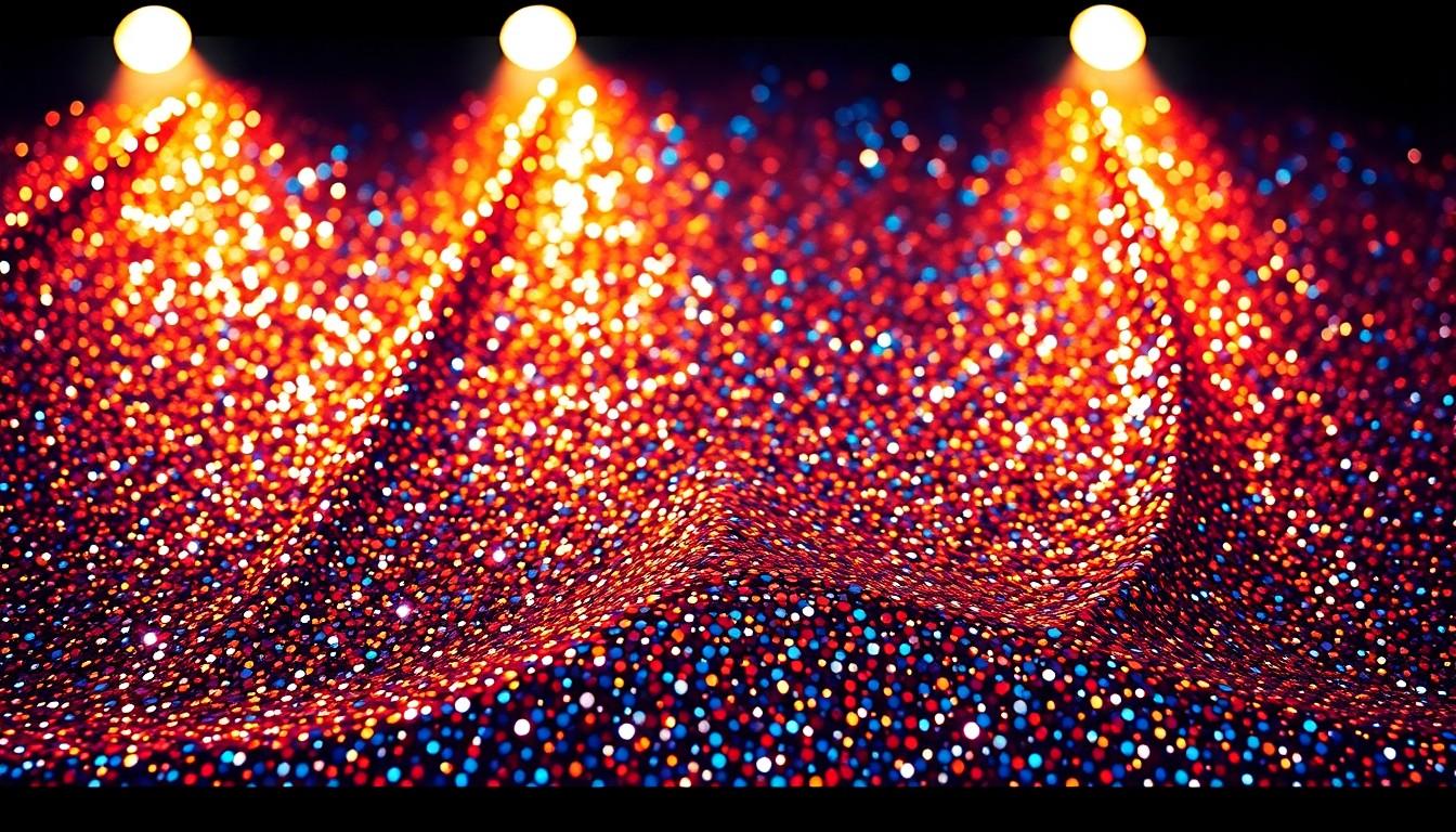 An abstract close-up image of shimmering, glittering textures in dramatic studio lighting, evoking the energy and glamour of a live music event.