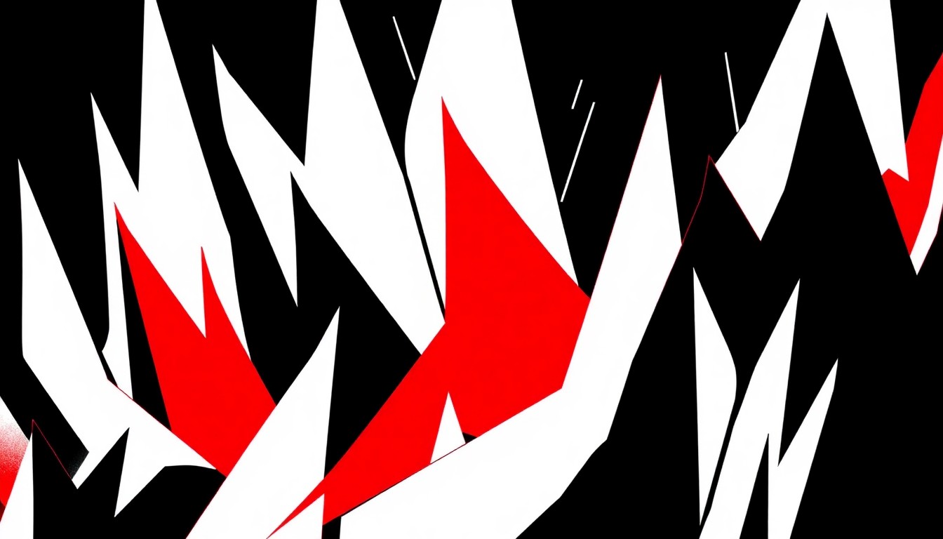 An abstract, minimalist illustration featuring bold, jagged shapes in black, white, and red, conceptually representing the rapid-fire visual storytelling format of Pecha Kucha Night.