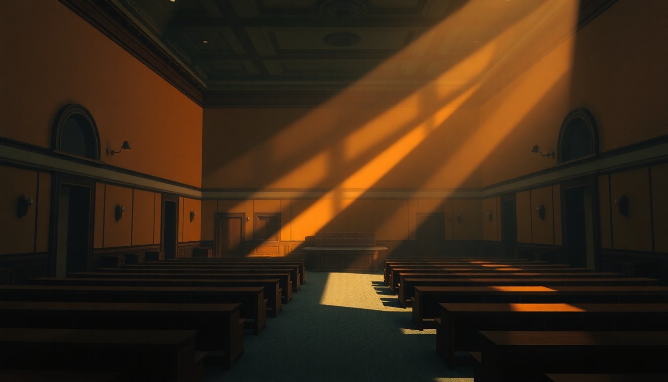 A dimly lit, cinematic painting of an empty city council chamber, with warm light streaming in through the windows and deep shadows cast across the room, creating a sense of quiet contemplation and the weight of civic responsibility.