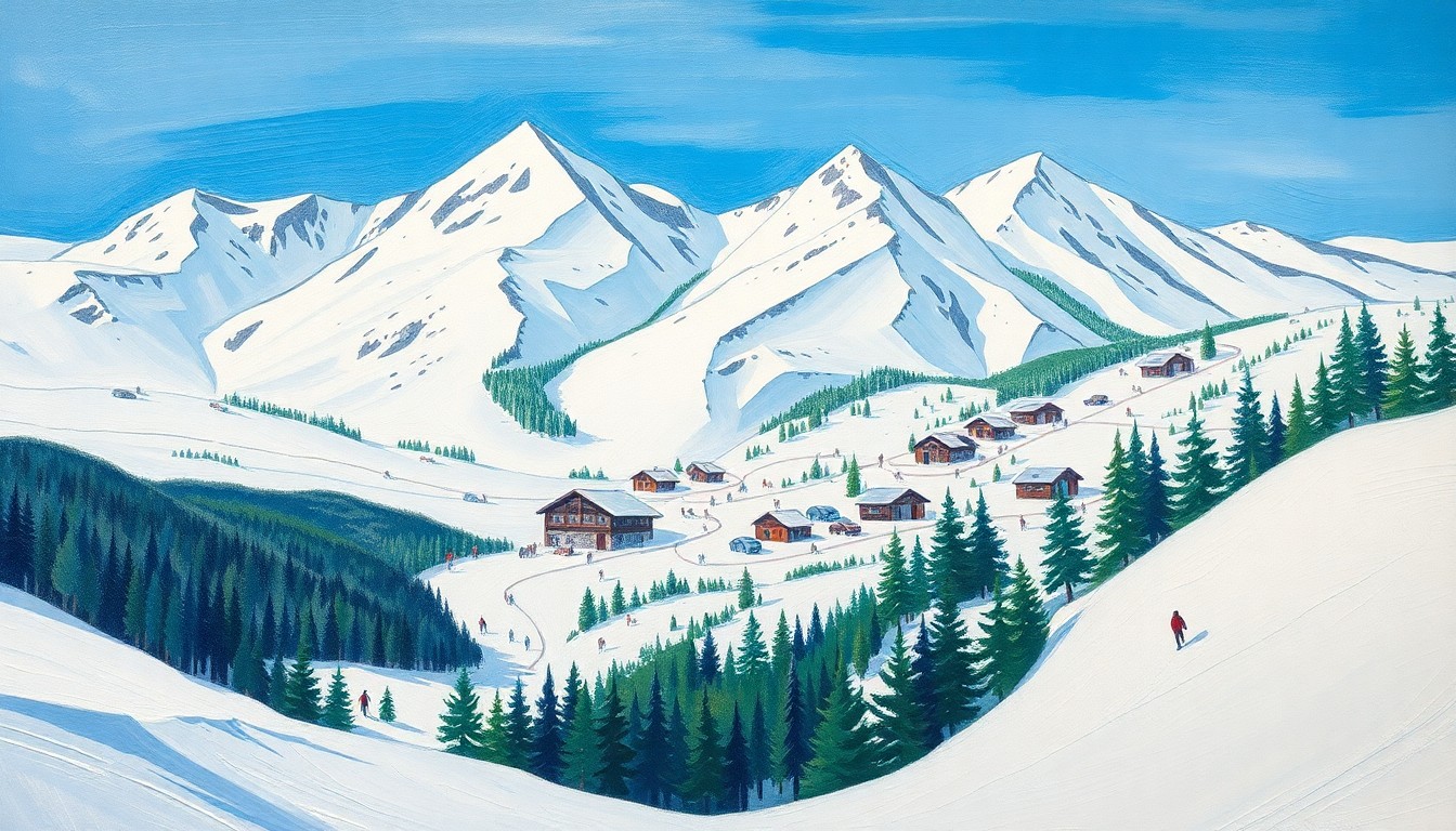 A fragmented, geometric painting depicting a ski resort scene broken down into sharp, overlapping planes of white, blue, and green, conveying the deteriorating conditions that led to an early end of the ski season.