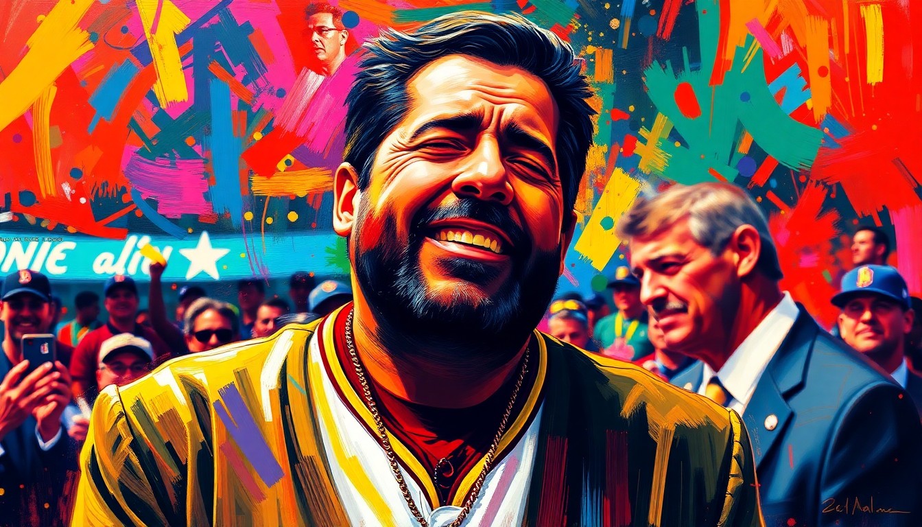 An abstract, expressionist painting in vibrant neon colors, capturing the raw energy and emotion of Ozzie Guillen being surprised and moved to tears during the announcement of his jersey retirement by the Chicago White Sox.