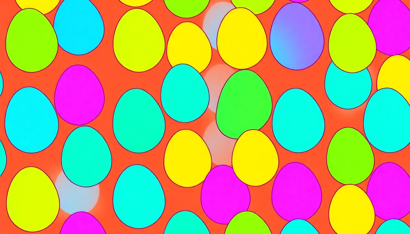 A bold, colorful silkscreen-style illustration featuring a grid of stylized Easter eggs in neon pink, yellow, and blue hues, capturing the high-energy and festive atmosphere of the adult-focused egg hunt events at Play Playground.