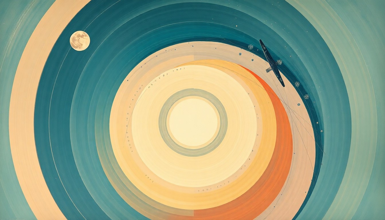 A bold, abstract painting in soft shades of blue, green, and pink, featuring sweeping geometric arcs, concentric circles, and precise botanical spirals, conceptually representing the complex forces and concepts of space travel and lunar exploration.