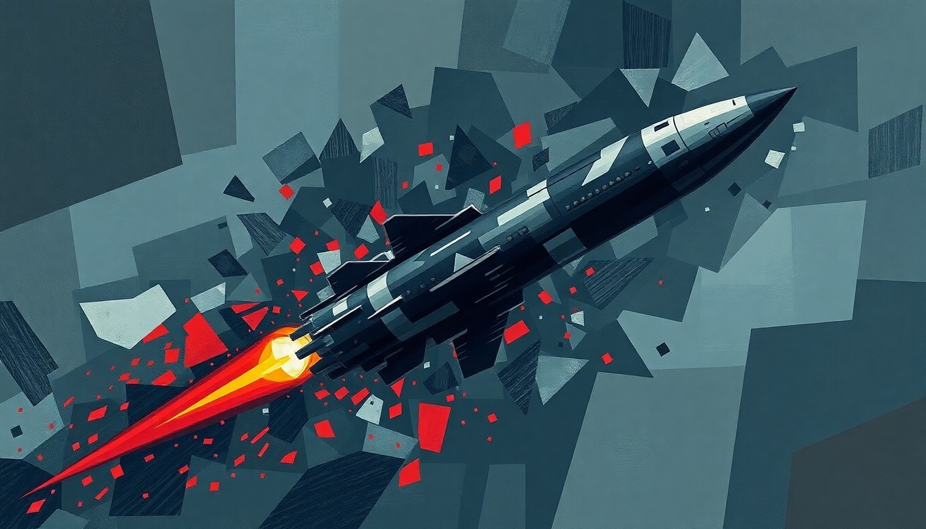 A dynamic, abstract painting featuring overlapping, fragmented shapes and lines in shades of blue, grey, and red, conveying the chaotic and high-stakes nature of the military conflict in the Middle East.